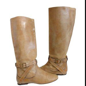 Chloe Womens Beige Tan Knee High Leather Boots Mid Calf EU 37 Slip-On Flat Heel